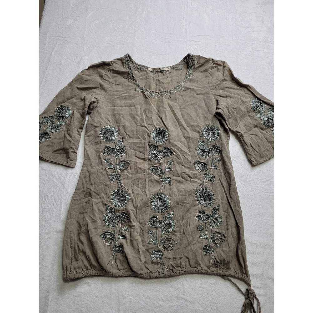 Monoreno Tunic Top Women Medium Olive Taupe Floral Eyelet Boho